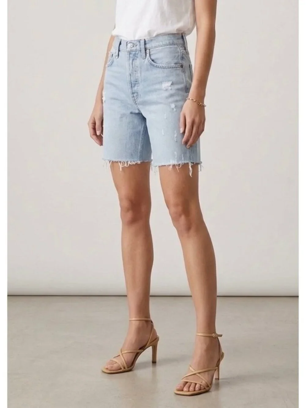 AGOLDE Denim Shorts Parker Long Light Wash Women 24 High Rise Distressed Raw Hem